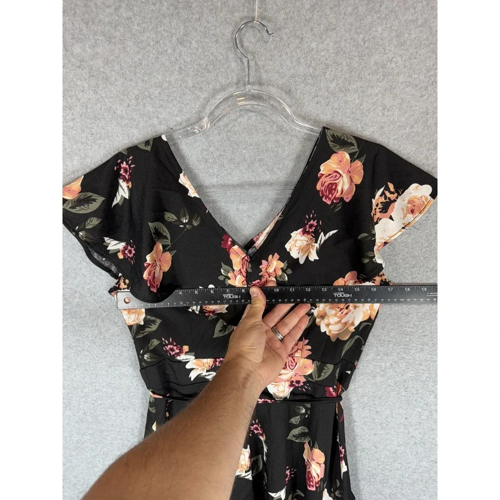 Fantaist Dress Womens Large Black Floral Wrap Short Sleeve Fit Flare Belted Boho